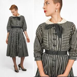 Vintage 1950s Striped Dress w Peter Pan Collar Ascot Bow Mari for I. Magnin | S